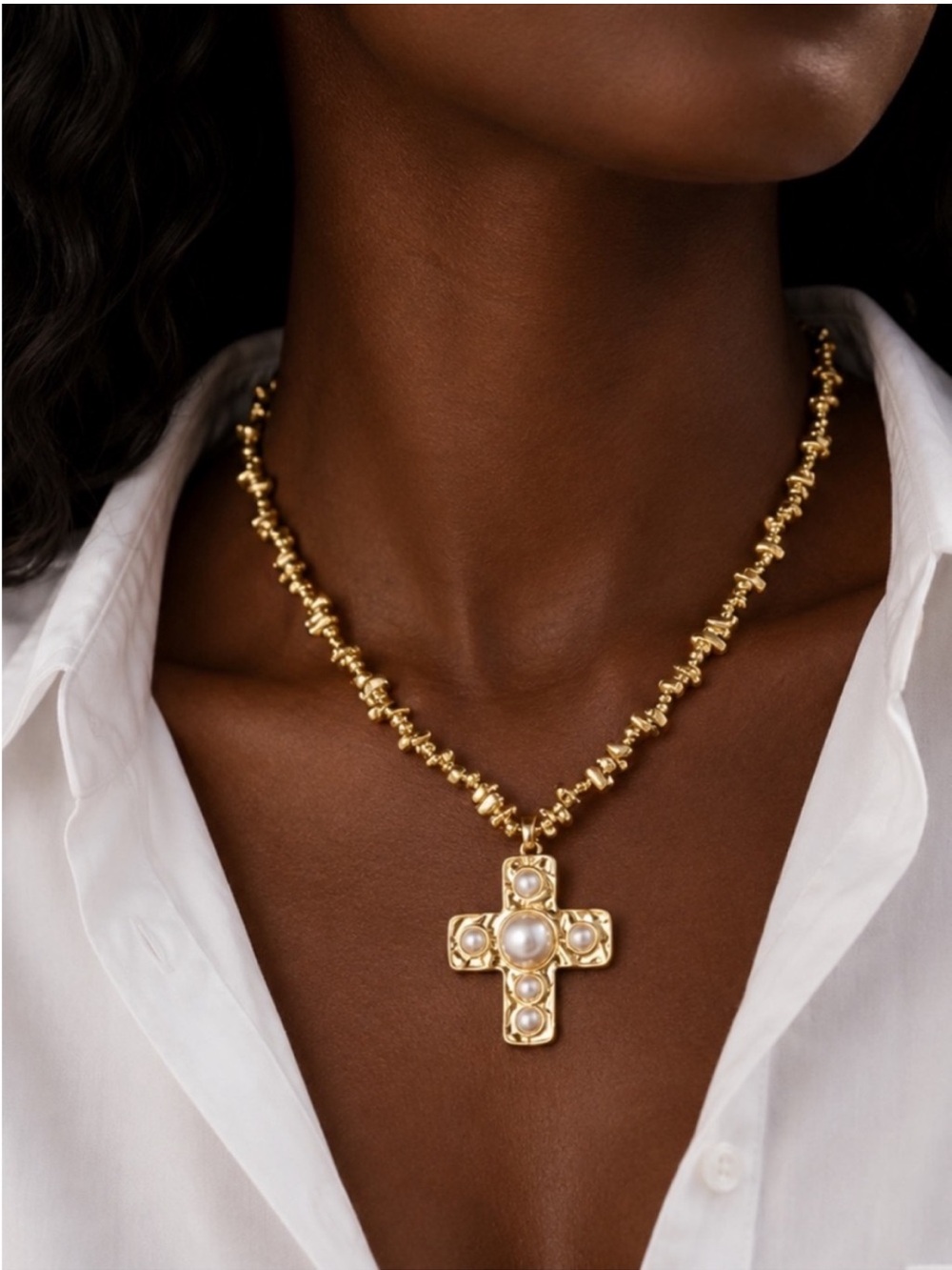 New! Coastal Preppy Gold Pearl Cross Statement Necklace NWOT 5038